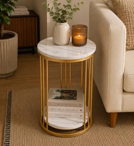 🛒 Roldo Round Side Table with Marble Finish Engineered Wood Top, Modern Coffee Table, End Table for Living Room, Bedside Table, Indoor Plant Stand, Metal Frame with Storage Shelf (Gold White)