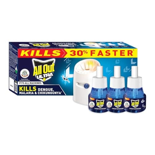 🛒 All Out Ultra Liquid Vaporizer, Machine + 3 Refills (45ml each) | Kills Dengue, Malaria & Chikungunya Spreading Mosquitoes| India's Only Mosquito Killer Brand Recommended by Indian Medical Association