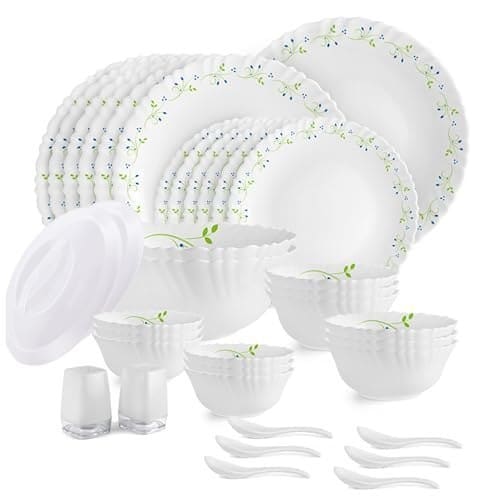 🛒 CELLO Tropical Lagoon Dazzle Series Opalware Dinner Set of 37 Pieces For Family of 6 | Bone-Ash Free & Leadfree Opal Glass, Microwave & Dishwasher Safe Plates & Bowls Crockery Set For Dining & Gifting