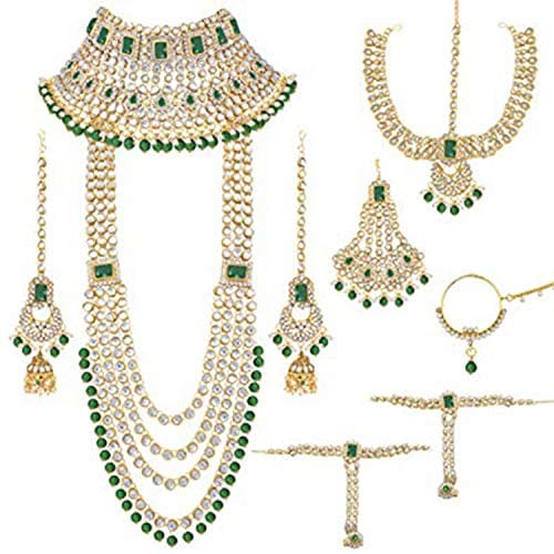 🛒 I Jewels Green Gold-plated Traditional Ethnic Indian Kundan Bridal Long and Short Necklace, Earrings, Hath Panja, Matha Patti, Nose Pin and Paso Set for Women