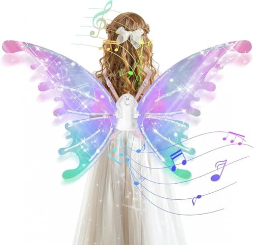 🛒 PATPAT® Light-Up Fairy Butterfly Wings for Girls, Colorful Flapping Fairy Wings with Light & Music, Elastic Shoulder Straps, Dress Up Costume for Party, Cosplay.