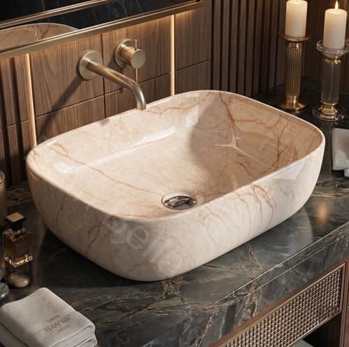 🛒 BATHBELLA Designer Ceramic Wash Basin For Bathroom | Over Counter Bathroom Basin | Counter Top Bathroom Sink | Wash Basin For Restaurant, Hotel (18 x13 x 5 Inch) (142)