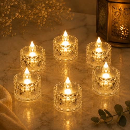 🛒 VERVENIX 6 Pcs LED Tea Light Candles | Flameless & Smokeless Acrylic Diyas | Battery-Operated | Warm White 3cm Candles for Diwali, Festive, Wedding, Party & Christmas Décor (Pack of 6)