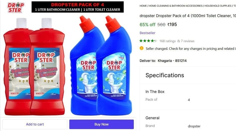 🔥  Pack of 4 (1000ml Toilet Cleaner, 1000ml Bathroom Cleaner) @ ₹195