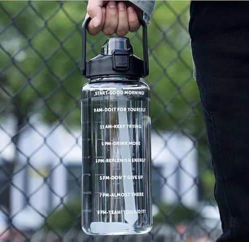 🛒 2L:-Capacity Belt Straw|Transparent Motivational Water Bottles|Time Marker Leak Proof&Break-Proof|Best Usage For-Sport/Office/School/Gym-2L:- (BLACK)