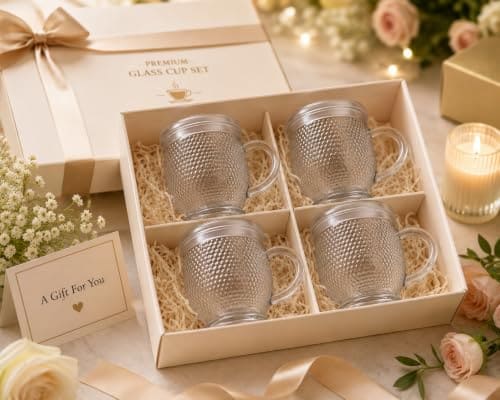 🛒 AYUTAS Premium Glass Cups with Handle | Set of 4 | 100 ML Tea Coffee Drinkware for Home, Café, Workspace, Pantry & Family Gatherings | Perfect for Serving Capucinno, Latte & Detox Drinks
