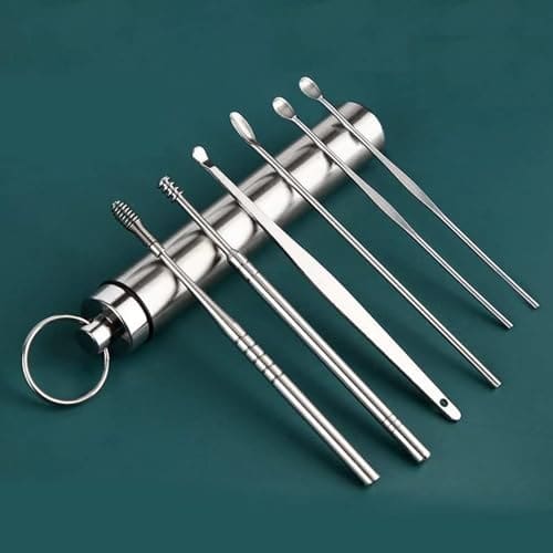 🛒 Ear Wax Cleaner (6 Pc) Resuable Ear Wax Cleaner Reusable Removal Kit Steel Ear Cleansing Tool Set Spiral Ear Curette Tool with Cleaning Brush For Kids Man Woman (STEEL)