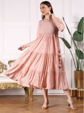 Ishin Floral Embroidered Mirror Work Tiered Cotton Fit & Flare Midi Dress