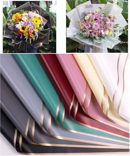 🛒 Zarwani - 10 Sheets Korean Style Waterproof Multicolor Bouquet Wrapping Paper (58cm x 58cm, 60 Microns) | Golden Border Design, Giftwrap for Flowers & DIY Gift Wrapping Paper (10, Gold Border Multi)