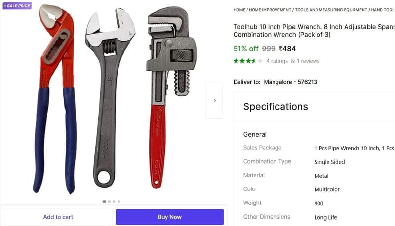 🔥  Pipe Wrench, Spanner, Pump Plier Combo @ ₹484