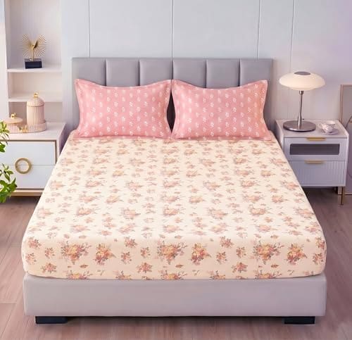 BSB HOME 240 TC Cotton Feel Fitted Bedsheet for Double Bed, ...