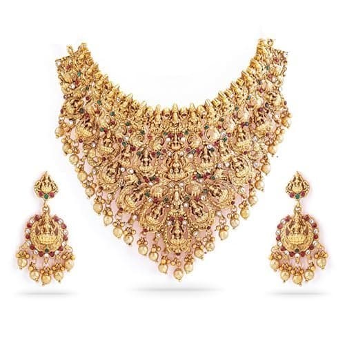 🛒 Rubans 22K Gold-Plated Red, Green & White Stone Lakshmi Motif Heavy Temple Jewellery Set for Women & Girls | Traditional Bridal Necklace Set | Brass Material