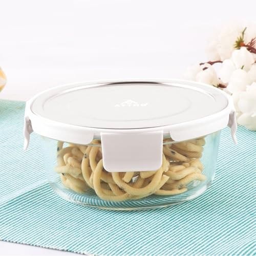 ATTRO Glassox Borosilicate Round Glass Lunch Box with Stainl...