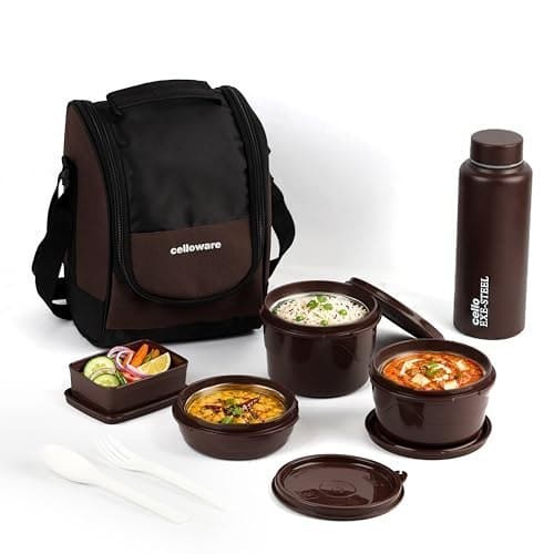 🛒 CELLO MF All In One Lunch Box with Bag for Office Use, Brown | 225ml, 375ml, 550ml Microwave Safe Containers, 175ml Salad Box, 900ml Bottle with Fork & Spoon, Airtight Leak Proof Tiffin Box for Travel