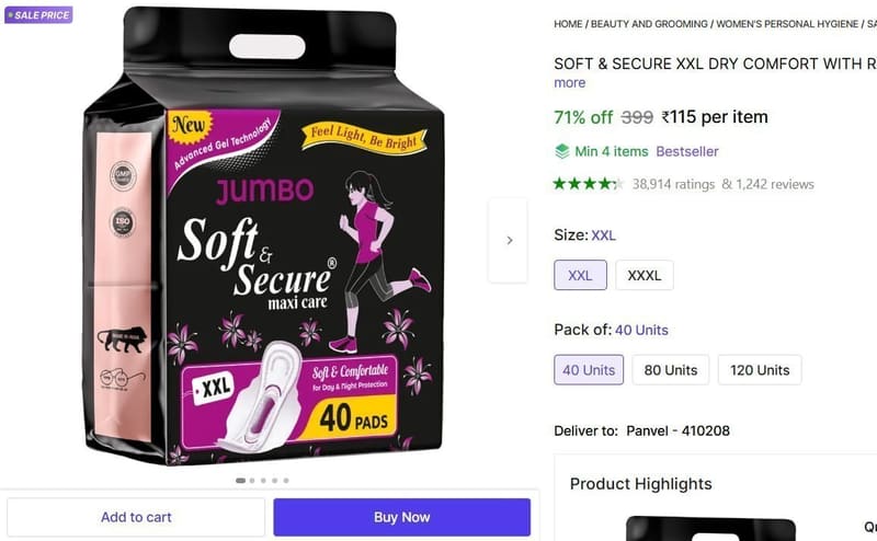 🔥  Pack Of 40 Sanitary Pads @ ₹115