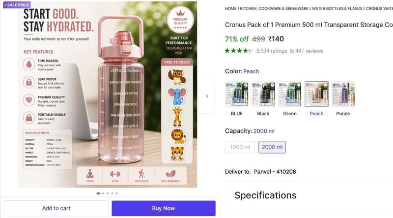 🔥  Motivational Water Bottle, 2L @ ₹140