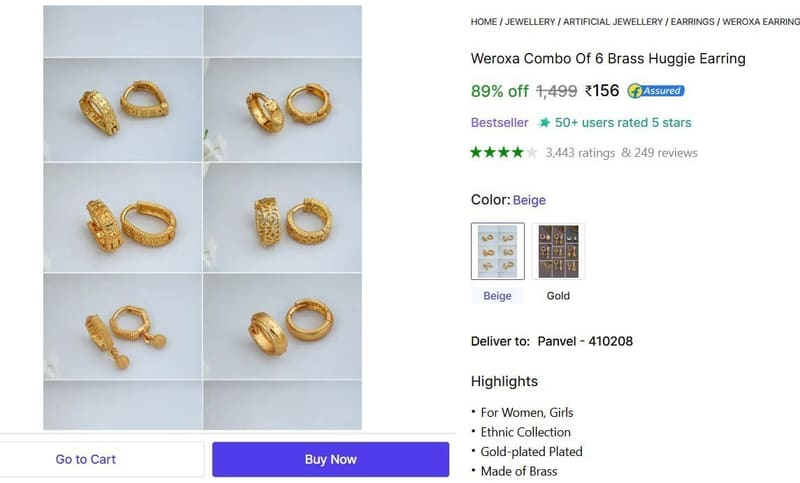 🔥  Combo Of 6 Brass Huggie Earring @ ₹156