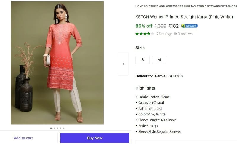 🔥  Women Printed Straight Kurta @ ₹182