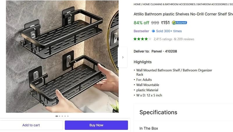 🔥  Wall Mounted Bathroom Shelf, Pack Of 2 @ ₹151