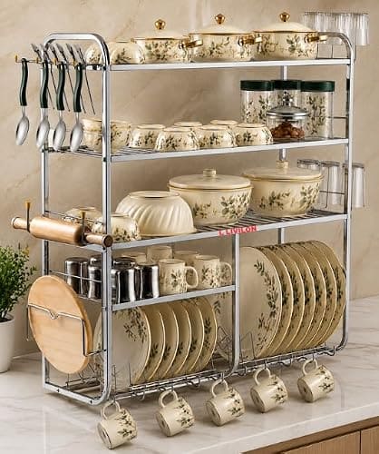 🛒 L LIVILON Wall Mount Kitchen Utensils Dish Rack Stainless Steel Utensil Rack/Stand Dish Stand/Holder Utensils Rack with Plate, Bowl & Cutlery (31x30x10 Inches)(LVNLVNLVN EE)