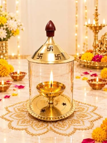 Heaven Decor Brass and Glass akhand deep Diya with Cover for...