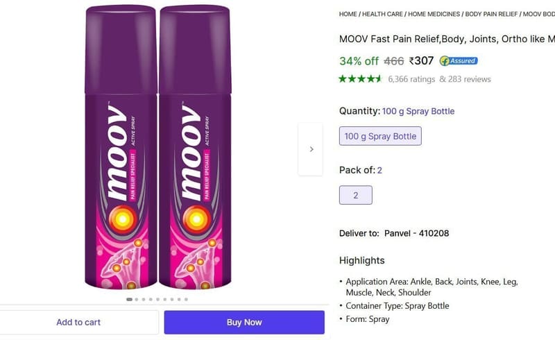 🔥  MOOV Fast Pain Relief Spray (2 x 50 g) @ ₹307
