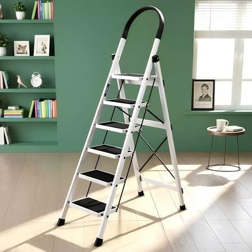 🛒 Plantex Ladder for Home 6 Steps/Foldable Ladder with Anti-Skid Wide Steps (30L x 20W cm)/Strong D-Shape Pipe with X-Support for More Stability/5 Year Warranty(Apex-White)