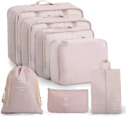 🛒 Lyrovo Nylon 7Pcs Travel Packing Cubes For Clothes Laundry Toiletry Cosmetics Luggage Makeup Pouch Accessories Organizer Bag (Beige)