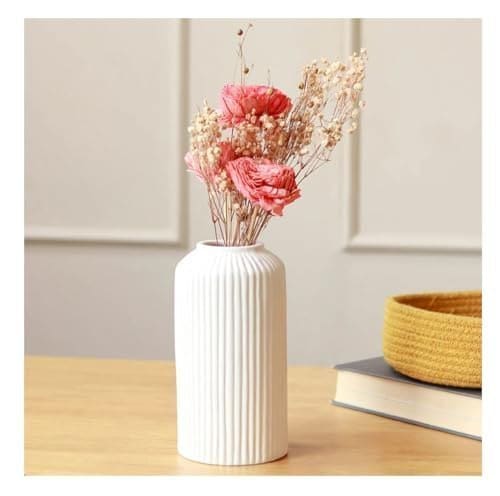 🛒 SPHINX Ribbed Pipe Ceramic Vase for Flowers, Pampas Grass, or Live Plants | Decorative Home & Office Centerpiece Gift – No Flowers- (White, 6 Inch)