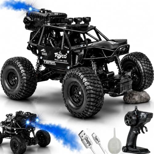 🛒 toyco® Rechargeable Remote Control Car Toy - Alloy Rock Crawler with LED Smoke Effect and Anti-Slip Tyres| 1:18 Scale | Off-Road RC 2WD Monster Truck Gift for Kids Boys and Girls Age 4-12+ (Black)