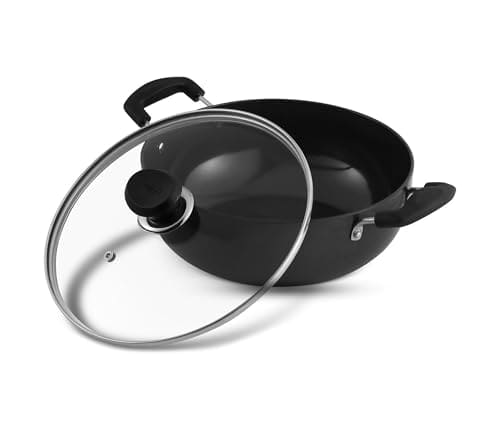 🛒 Vinod Black Pearl Hard Anodised Non-Stick Deep Kadhai with Glass Lid, 1.6 L (18 cm) | 3.25 mm Thick Body, Metal Spoon Safe, Riveted Handle, Healthy Cooking, Less Oil Use, Easy to Clean | 2 Yr Warranty