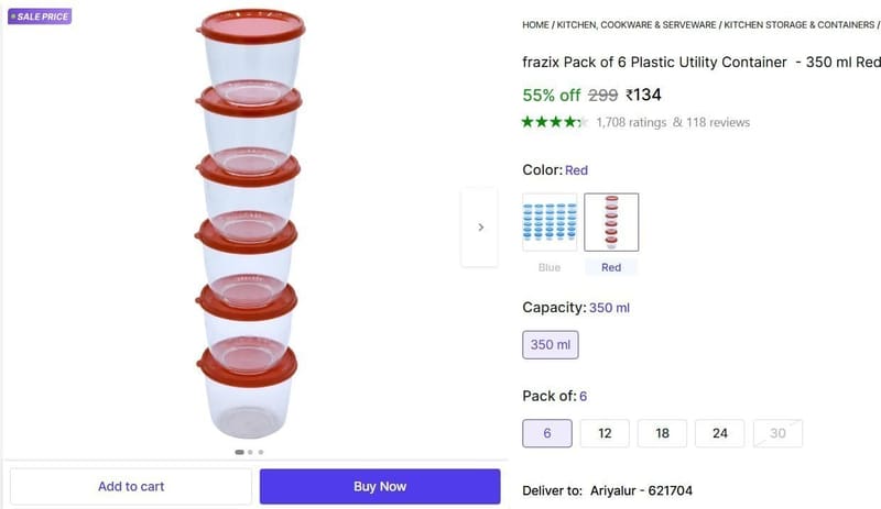 🔥  Pack of 6 Plastic Utility Container @ ₹134