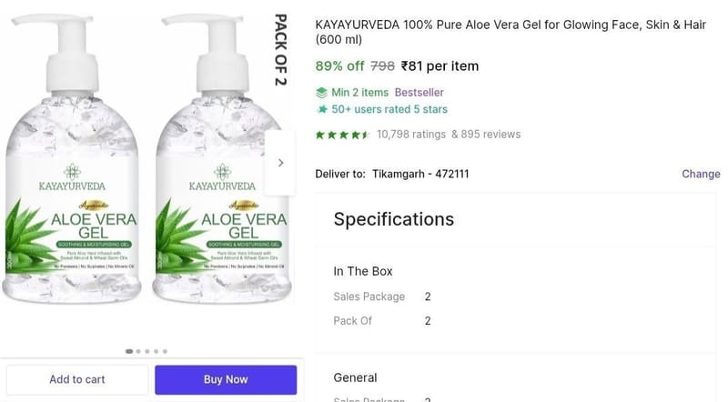🔥 Aloe Vera Gel, 600ml @ ₹81