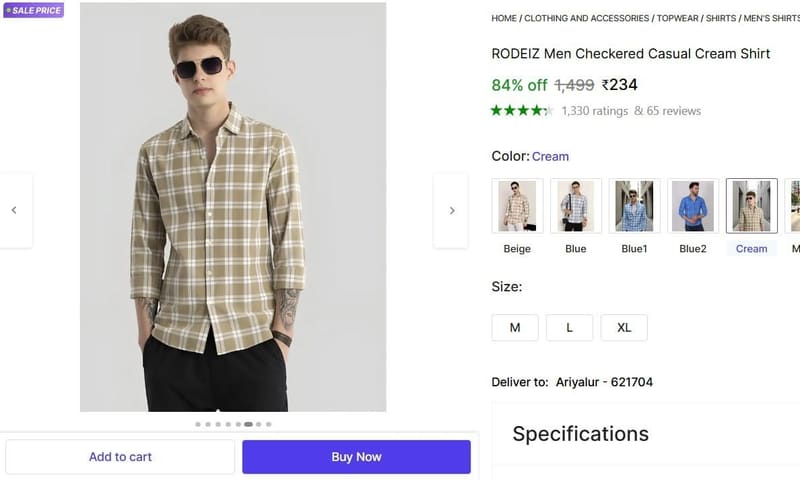 🔥  Men's Checkered Casual Cream Shirt @ ₹234