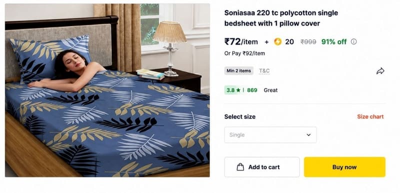 🔥 Grab: Bed Sheet @ ₹92