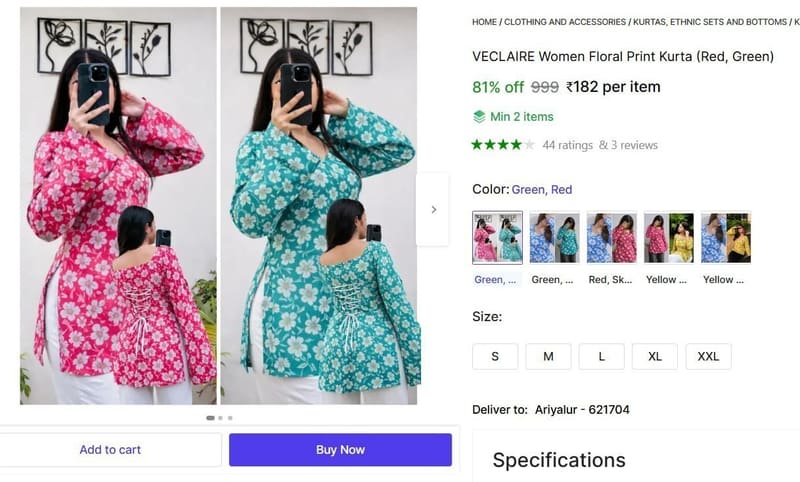 🔥  Women Floral Print Kurta @ ₹182