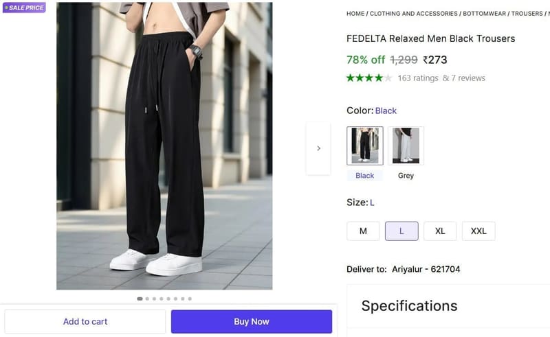 🔥  Relaxed Men Black Trousers @ ₹273