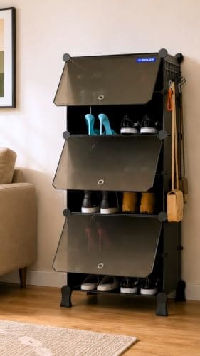 BOXJOY 6 Shelf Shoe Rack with 3 Doors, 5 Hook Steel Holder &...