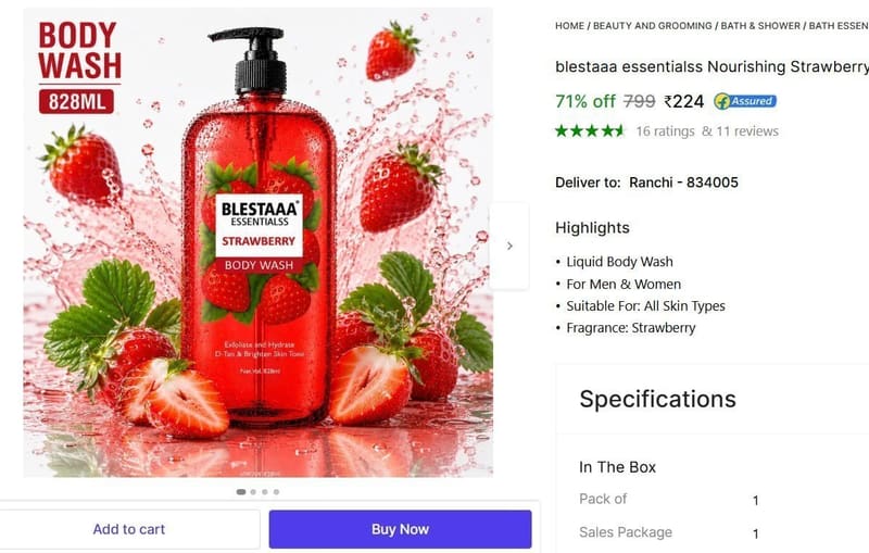 🔥  blestaaa essentialss Nourishing Strawberry Body Wash (828 ml) @ ₹224