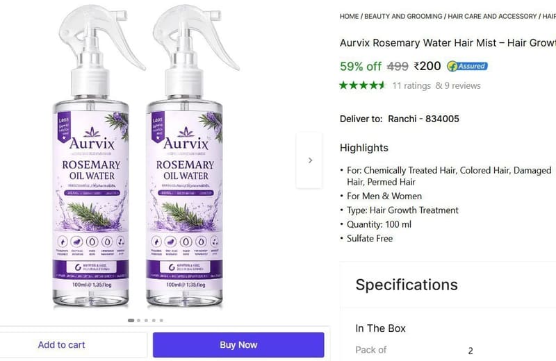 🔥  Aurvix Rosemary Water Hair Mist - 200 ml @ ₹200