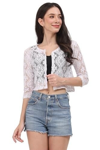 🛍️ MARVENT Cotton Women Self Design Floral Lace Regular Open Neck Shrug (Burfi,White)
