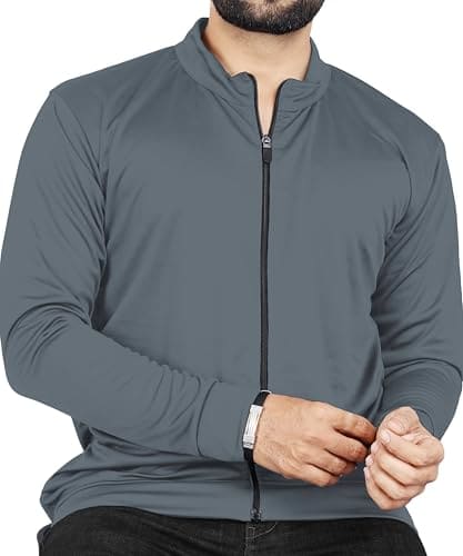 🛍️ FIBREZA Men Solid Polyester Sports Jacket Long Sleeves Full Zip with Pocket Gym, Running & Travel Upper Wear (IN, Alpha, L, Grey)