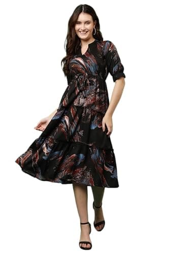 🛍️ JUSTHER Trending Midi Length 1 Piece | Polyester A-Line Midi Dress | Trending Paisley Printed Fit & Flare Gown | Casual Summer Dress (in, Alpha, S, Regular, Blue)