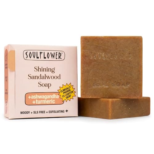 🛍️ Soulflower Shining Sandalwood Soap For Daily Cleansing | Tan Removal & Skin Brightening Natural Bathing Bar For Hard Water With Ashwagandha, Tulsi, Neem & Shea Butter | Controls Acne & Pimples | 100g
