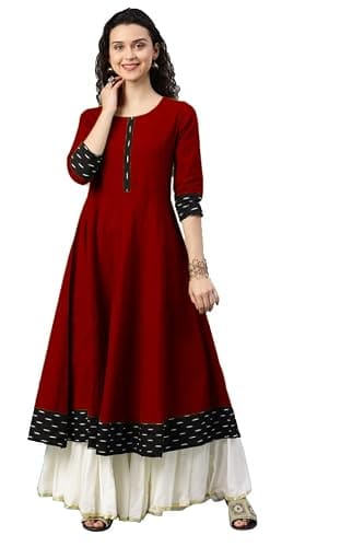 🛍️ VISVA DESIGNER Women Cotton Regular Anarkali Batik Printed Lace Border Umbrella Style Kurti Gown Plain and Solid Dress Top Maroon, 2XL