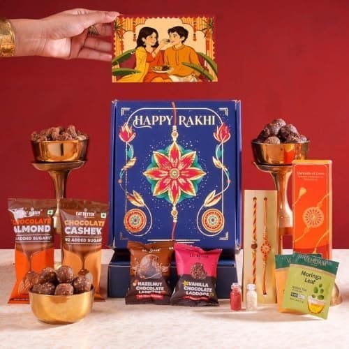 🛍️ Bandhan - 10-Item Rakhi Gift Hamper for brother with set of 2 Premium Rakhis, Chocolate Coated Cashews & Almonds, Hazelnut Dry-Fruit Laddoos | Rakhi for Brother with Gift Combo Set by Eat Better Co