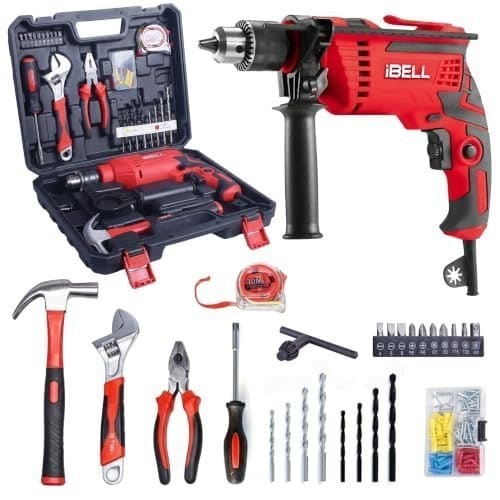 🛍️ IBELL Professional Tool Kit with Impact Drill TD13-85, 650W, Copper Armature, Chuck 13mm, 59 Home Essential Tools/Accessories with RED/BLACK BMC box