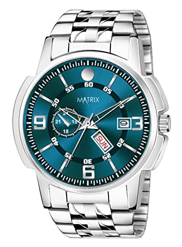 🛍️ Matrix Superior Day & Date Functioning, Stainless Steel Strap Analog Watch for Men & Boys (Green)