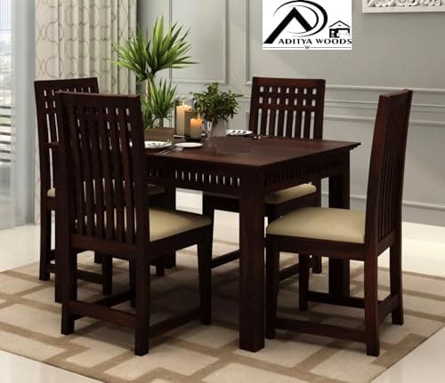 🛍️ AADITYA WOODS Solid Sheesham Wood Four Seater Dining Table Set with 4 Chairs for Living Room Home Wooden 4 Seater Dining Table Set for Office Restaurant Modern Dining Room Set- Walnut & Beige