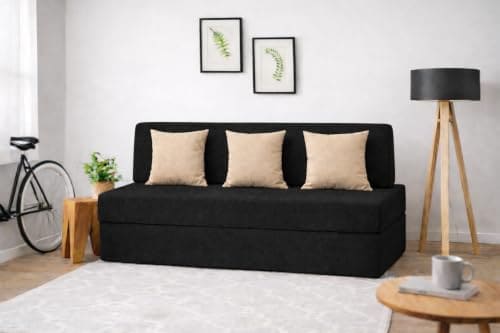 🛍️ Coirfit Three Seater Folding Sofa Cum Bed - Perfect for Guests - Jute Fabric Washable Cover with Free Cushions (3 Seater) - | 5' X 6' Feet, Black